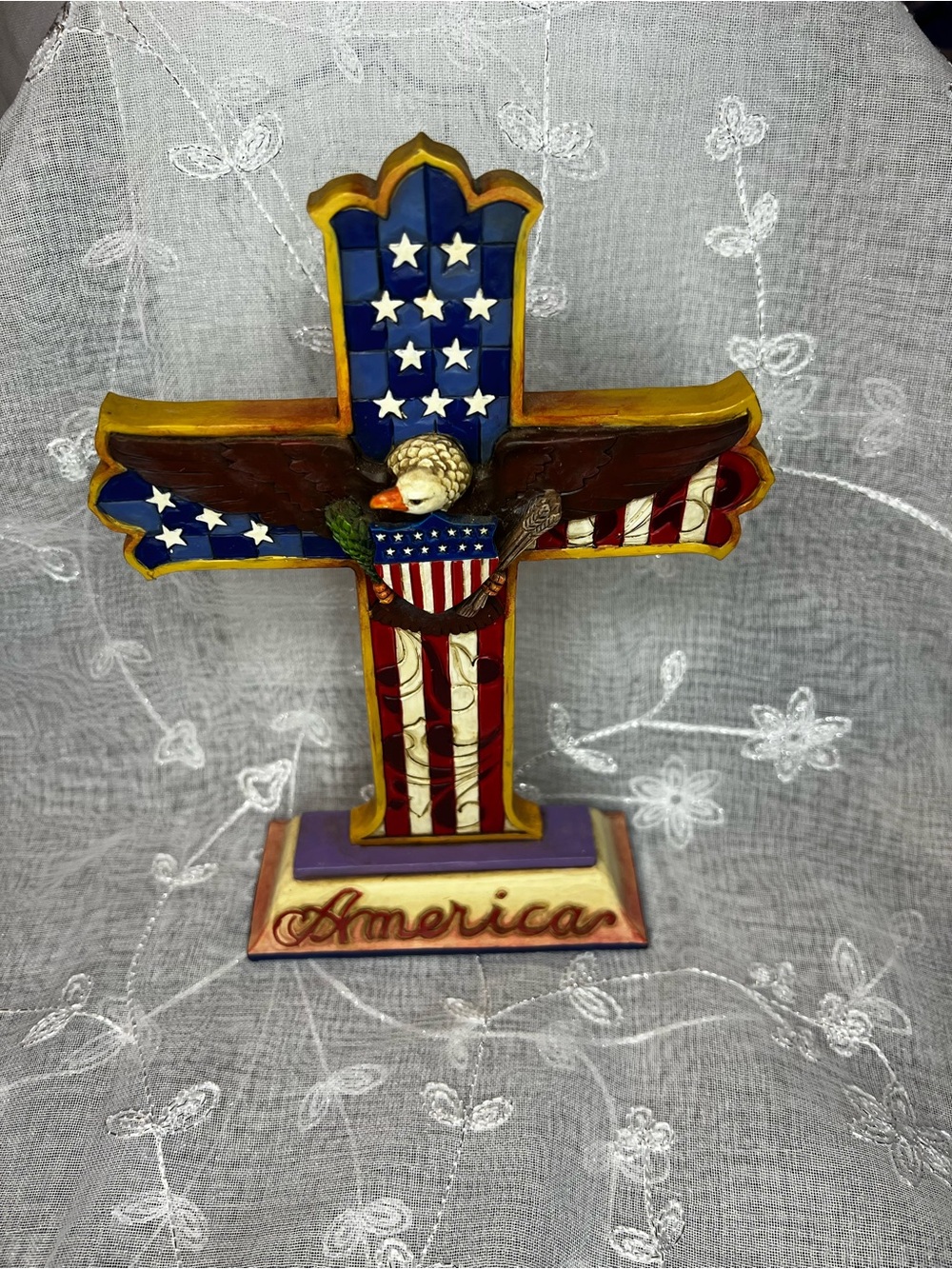 Jim Shore Blue Red White Gold Patriotic Cross